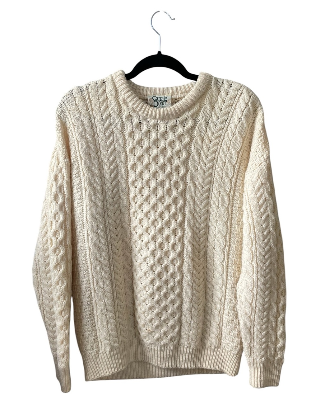 CARRIG DONN Vintage Aran Irish Wool Crewneck Cable Knit Sweater in Cream M